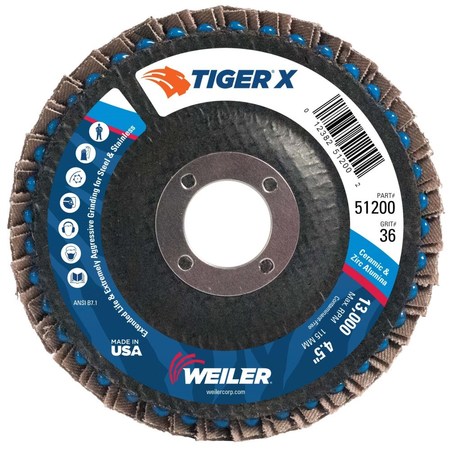 WEILER 4-1/2" Tiger X Flap Disc, Conical (TY29), Phenolic Backing, 36Z, 7/8" 51200